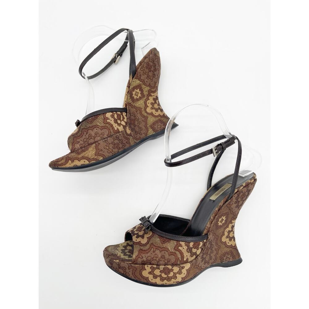 Prada Retro Y2K Brown Bronze Brocade Lurex Bow Sculptural Wedge Sandals IT 36.5 - Picture 6 of 14